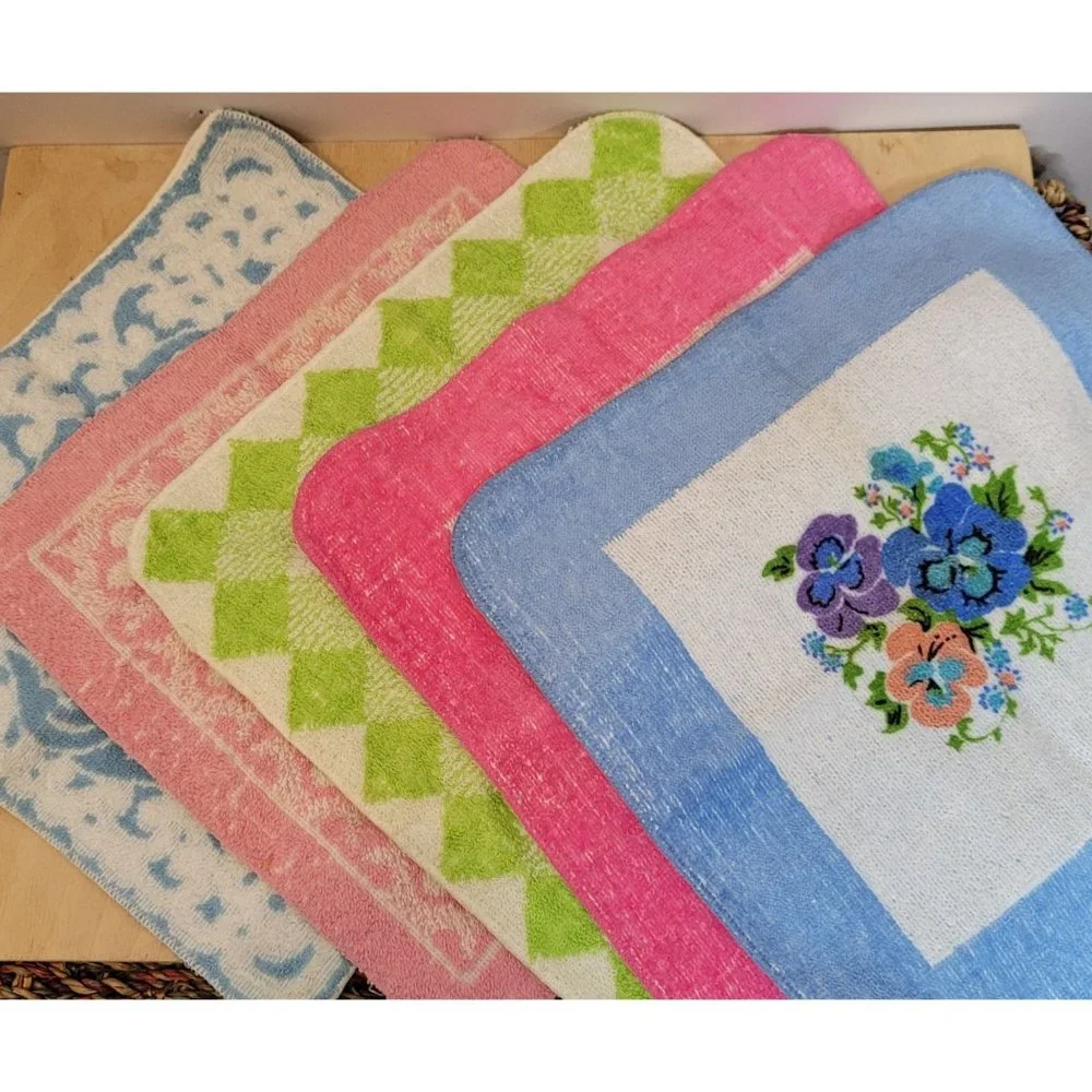 Vintage Fashion Manor Washcloth Lot of 5 Floral Checker Abstract 70s 80s